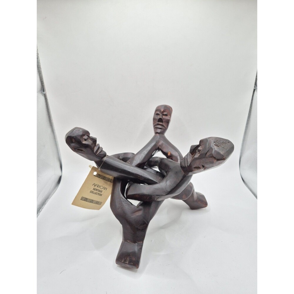 Vintage 1970s Wooden Friendship Sculpture Hand Carved 3 Men Interlocked Folk Art